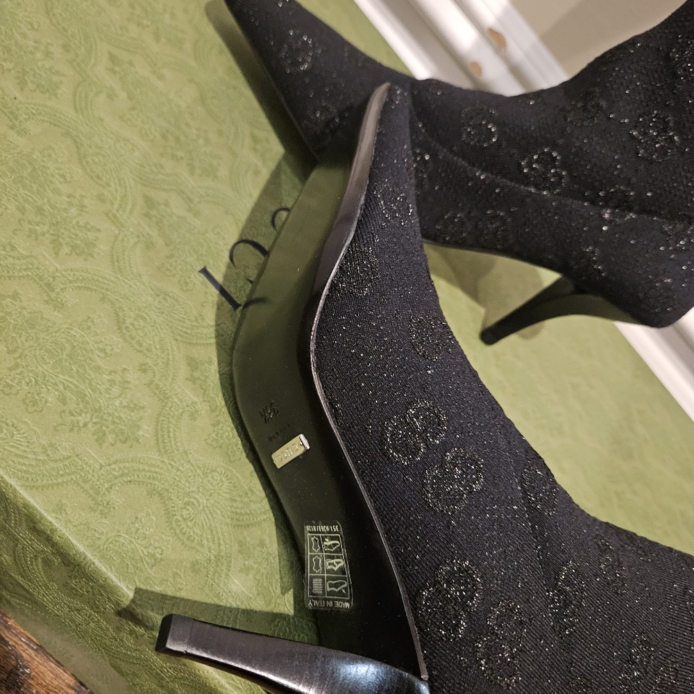 $1450 NIB Auth Gucci Boots Knee High GG 75mm Heel Black Jacquard Tech Knit 38.5 - Picture 5 of 8